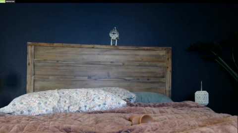 Media: Video of a cozy bedroom with a wooden headboard, floral-patterned pillows, a beige blanket, and a nightstand featuring a decorative box and a lamp.