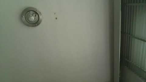 Media: Video of a minimalist, industrial interior featuring a plain, off-white wall with a circular, metallic emergency light and a vertical metal window frame. The lighting is dim, creating a somber atmosphere.