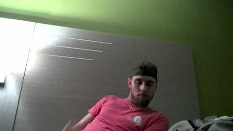 Media: A video of a bearded man in a green cap and pink T-shirt, standing in a room with green walls and a silver cabinet.