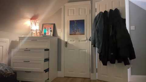 Media: Video of a tidy, cozy bedroom with white furniture, including a dresser, door, and coat hooks, featuring a vibrant artwork and warm lamp.