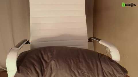 Media: Video of a reclining chair with white armrests and a beige cushion, set against a beige wall. The chair's backrest is elevated, and there is a white horizontal blind covering a window behind it. The room is dimly lit.