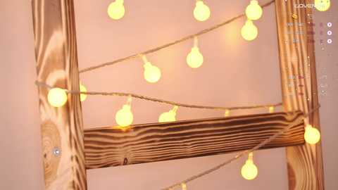 Media: Video of a rustic wooden ladder adorned with warm yellow string lights, creating a cozy, festive atmosphere. The ladder's natural grain texture contrasts with the soft, glowing bulbs, enhancing the rustic charm.