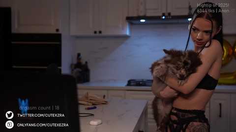 Media: A video of a young woman with light skin, dark hair, and a slender physique, wearing black lingerie and holding a fluffy dog, in a modern kitchen with white cabinets and a marble countertop.