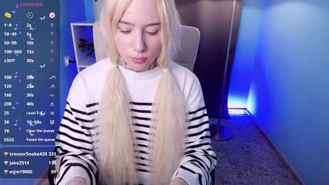 Media: Video of a young, pale-skinned woman with platinum blonde pigtails, wearing a black-and-white striped sweater, sitting in a dimly lit room with blue lighting. She has a neutral expression.