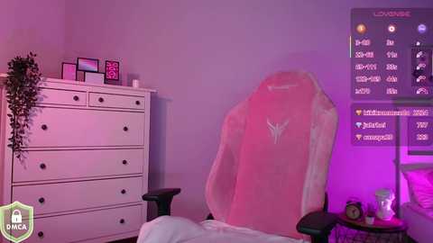 Media: A video of a gamer's setup with a pink gaming chair, white dresser, purple lighting, and a computer screen displaying various social media icons.
