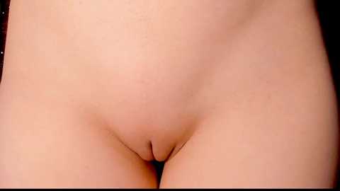 Media: Video of a close-up view of a woman's shaved vulva, showcasing fair skin and a smooth, hairless appearance. The image is centered on the genital area, with minimal background visible.