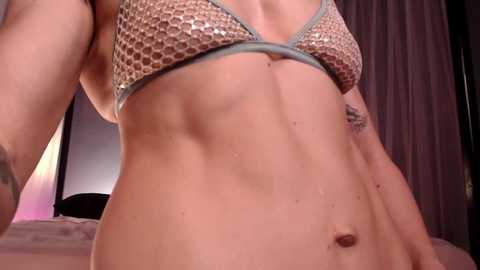 Media: Video of a light-skinned woman with a toned abdomen wearing a fishnet bra, displaying her small to medium breasts and a tattoo on her left forearm. The background features a dimly lit room with a bed and curtains.