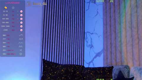 Video of a room with vertical black stripes on a wall, a blue and white marble-patterned wall, and a black and gold-patterned cushion on a couch.