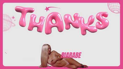 Media: Video of a nude blonde woman with medium breasts, lying on her side on a pink surface. Large, glossy pink letters spell \"THANKS\" above. Background is white with pink accents.