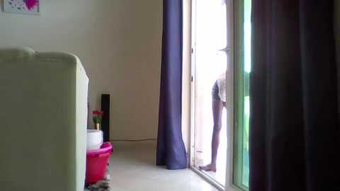 Media: Video of a small, cozy room with a white couch, a colorful rug, and a large sliding glass door covered in dark purple curtains. The room is lit by natural light, with a glimpse of a person outside.