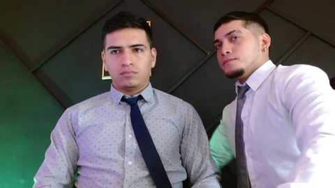 Media: Video of two men, one with a tie, the other with a beard, standing close together in a dimly lit room with green and purple lighting.