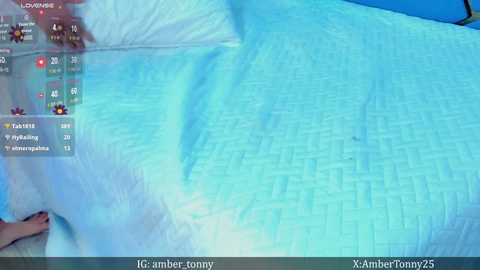 Media: Video of a light blue, quilted bedspread with a faint, geometric pattern. In the background, a partially visible person wearing a white shirt is lying on the bed. A smartphone screen with app icons and a chat window is visible.