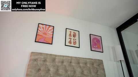 Video of a minimalist bedroom wall with three framed abstract art prints above a tufted, beige headboard. Text overlay: \"My OnlyFans is free now.\