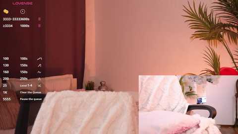 Media: A video of a cozy, well-lit bedroom featuring a plush white bed, a potted plant, and a soft pink blanket. A video overlay shows a man's face in a close-up.