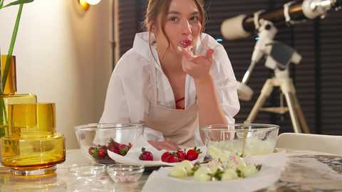 Media: Video of a young woman in a white robe blowing a kiss, seated at a marble-topped table with glasses, bowls of strawberries, and a yellow vase. Background features a telescope and dark blinds.