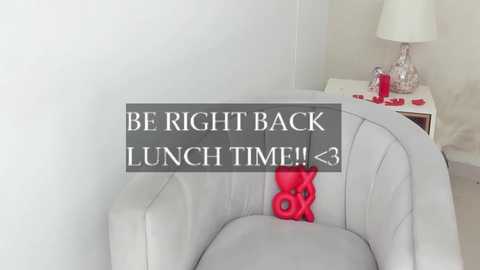 Media: A video of a modern, minimalist living room featuring a white armchair with a red heart-shaped cushion, a white side table with a lamp, and a gray text overlay that reads, \"Be Right Back Lunch Time!\