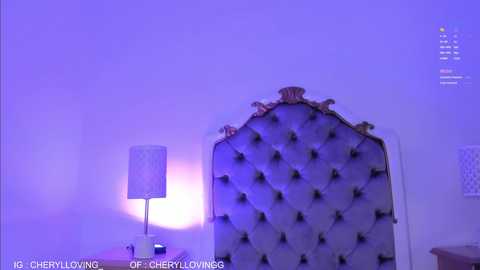 Media: A video of a dimly lit bedroom with a tufted headboard, a lamp, and a framed piece of art on the wall. The room is bathed in purple light.