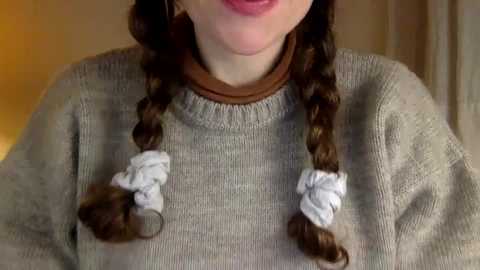 Media: Video of a young woman with fair skin, wearing a gray sweater with a brown collar, and two braids tied with white scrunchies. Background is blurred, warm-toned, possibly indoor setting.