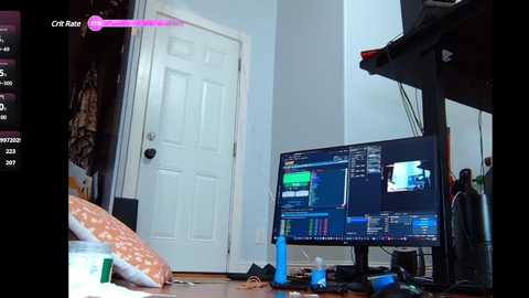 Media: Video of a messy bedroom with a white door, a desk cluttered with a computer, various objects, and a bed with a patterned pillow.