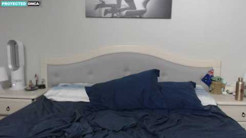 Media: Video of a messy bed with dark blue bedding and a light wooden headboard in a minimalist, modern bedroom.