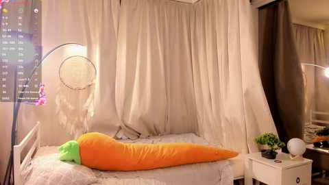 Media: Video of a cozy, child's bedroom with a bed covered in a bright orange, carrot-shaped sleeping bag. The room features white curtains, a large floor lamp, and a small white nightstand with a potted plant.