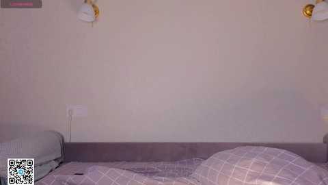 Media: Video of a dimly lit bedroom with beige walls, featuring a grey bed with a purple checkered bedspread. Two small, yellow lampshades are mounted on the wall above the bed. A QR code is in the bottom left corner.