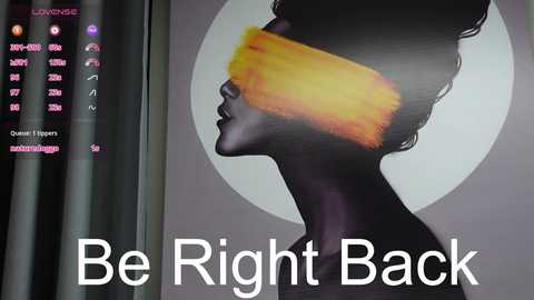 Media: A digital illustration of a black silhouette with a yellow blindfold, against a gray background. Text reads, \"Be Right Back.\