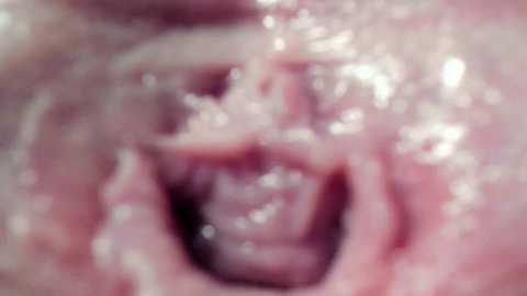 Media: This blurred video shows an open mouth with visible teeth, tongue, and saliva, suggesting a close-up view of someone's oral cavity. The image has a pinkish hue, likely due to the lighting or the subject's skin tone. The focus is unclear, making it difficult to discern specific details.