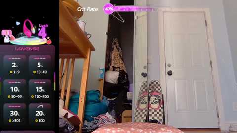 Media: Video of a cluttered bedroom with a messy closet door, featuring a colorful virtual reality headset on the left and a messy bed with pink bedding.
