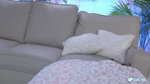 Media: A video of a cozy living room with a beige leather sectional sofa featuring a white sequined pillow and a blanket adorned with pink hearts. The background shows a tropical setting with palm trees and blue skies.
