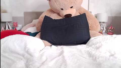 Media: A video of a plush teddy bear with a black pillow on a bed covered in white, fluffy blankets. The background features a neutral-toned wall with two bedside lamps and festive decorations.