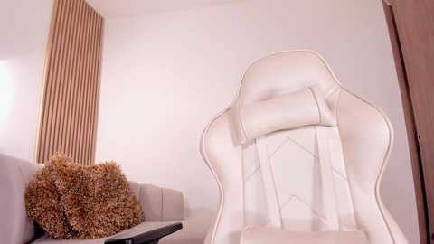 A video of a modern, minimalist living room featuring a white leather gaming chair with a cushioned headrest, a beige sofa with a shaggy, textured throw pillow, and a vertical wooden panel backdrop.