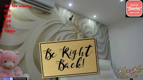 Media: A video of a modern living room with a \"Be Right Back!\" sign hanging from a ceiling-mounted hook. The room features plush white furniture and a wall with a light gray, floral pattern. Text on the image reads \"My fav vibes\" and \"Kaitlyn Rae\" in red.