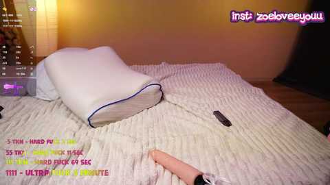 Video of a beige bed with a white pillow and a textured, white blanket. The background features a dimly lit room with a TV showing a \"zoeloveyou\" watermark.