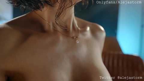 Media: A close-up video of a topless woman with wet, dark hair, showing her bare shoulders and collarbone. The background is blurred, featuring a wooden surface and blue hues. Watermark reads \"OnlyFans/Alexastorm.\