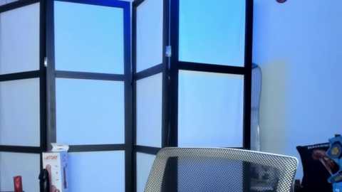 Media: Video of a modern office interior with a large, frosted glass screen divider in the background. In the foreground, a metal mesh office chair sits against a blue-tinted wall.