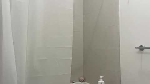 Media: A video of a minimalist bathroom with a clear shower enclosure, white tiled walls, and a white towel hanging on the left. A bottle of shampoo sits on the white countertop.