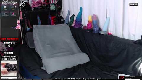 Media: Video of a messy bedroom with a black bed, a grey pillow, and various colorful sex toys scattered on the floor and bed.