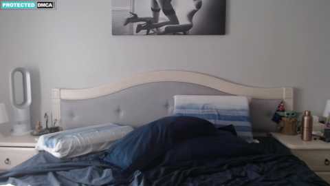 Media: Video of a messy, unmade bed with blue sheets and pillows, a nightstand with a lamp, and a black-and-white framed video on a light gray wall.