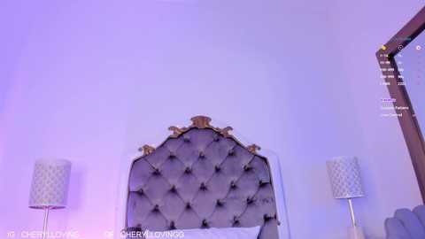 Media: A video of a modern, luxurious bedroom with a tufted, dark grey headboard against a pale purple wall. Two matching white lampshades flank the headboard. Text overlayed on the image reads \"X0DERMANIA\" and \"X0DERMANIA\" on the left and right respectively.