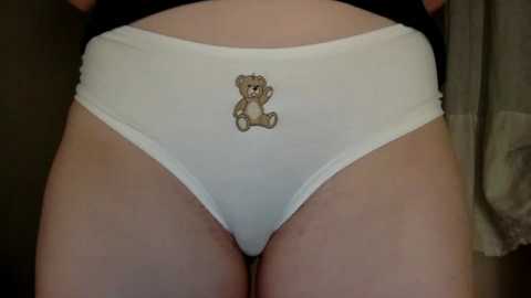 Media: Video of a woman's lower abdomen and thighs, wearing white panties with a small teddy bear patch, standing indoors with dim lighting.