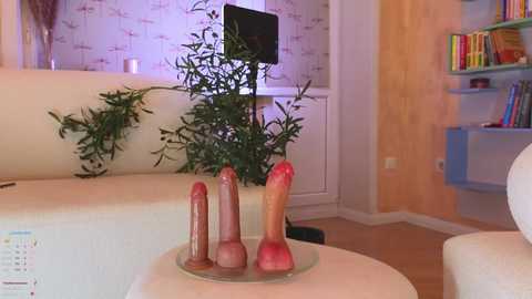 Video of a modern living room with a cream-colored couch, a potted plant, a glass coffee table with realistic sex toys, a TV on a stand, and colorful bookshelves.