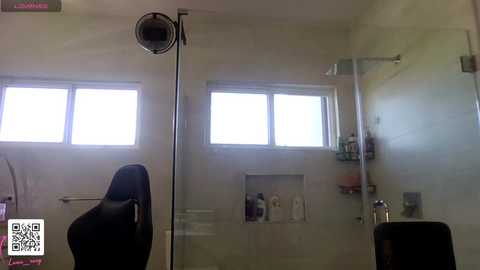 Media: A video of a modern bathroom with two windows, a shower with glass doors, and a black chair in the foreground.
