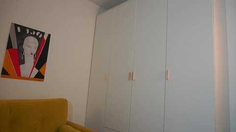 Media: A video of a modern, minimalist bedroom with a yellow sofa and white wardrobe. The wall features an abstract painting of a woman in black and red.