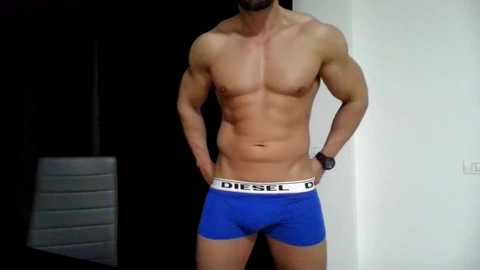 Media: Video of a shirtless man with a muscular build wearing blue Diesel underwear with a white waistband. He stands against a dark background with a white wall and a stack of gray storage bins.