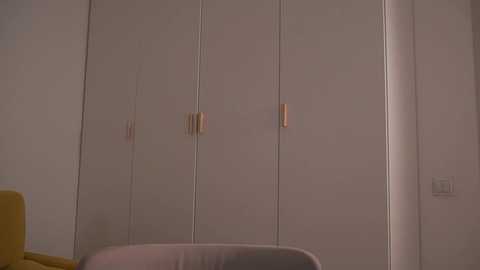 Media: A video of a minimalist room with a white wardrobe featuring three wooden handles, a yellow armchair in the foreground, and a light switch on the wall to the right.