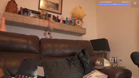 Media: Video of a cozy living room with a brown leather couch, a wooden shelf adorned with stuffed animals and toys, a black lamp, and a newspaper on the coffee table.