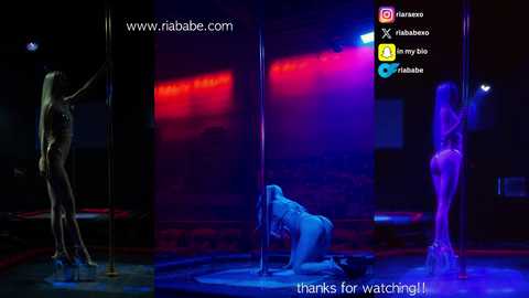 Media: Video of a dark, sultry nightclub scene with neon lights and a pole dancer in a black outfit, another woman in a bikini, and a third in lingerie.