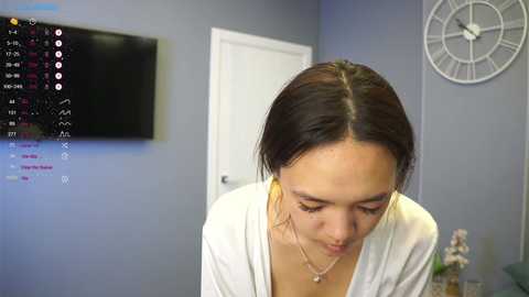 Media: Video of a young Asian woman with straight dark hair in a white cardigan, looking down, in a gray room with a wall clock, TV, and plant.