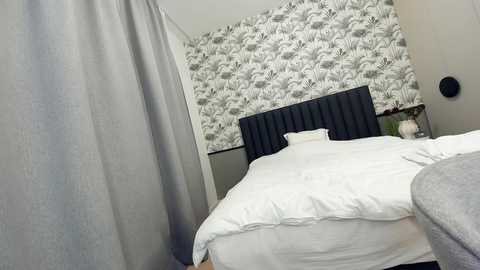 Media: Video of a modern bedroom with a bed covered in white bedding, a dark grey headboard, and a monochromatic floral wallpaper. Grey curtains and a light grey chair are visible.